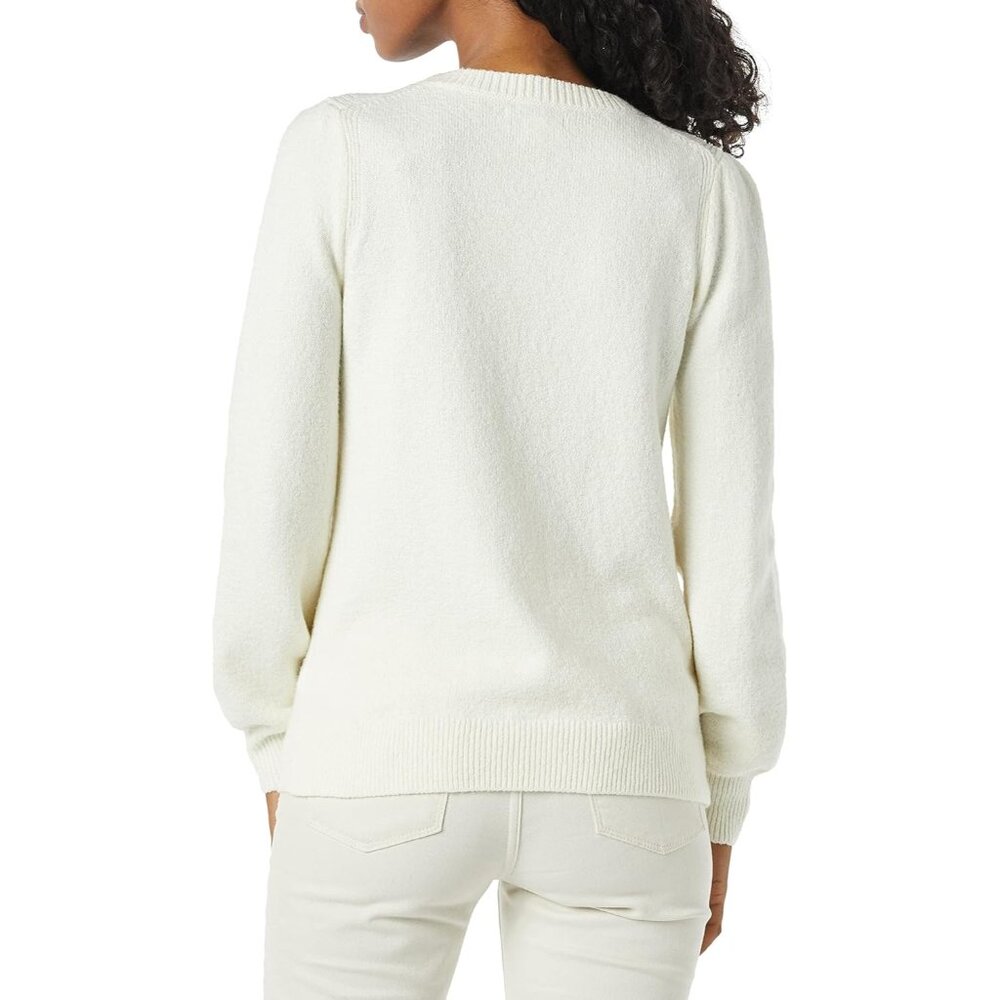 Elegant Women's Soft-Touch Crewneck Sweater with Pleated Shoulders - Ivory, XS - Picture 5 of 5